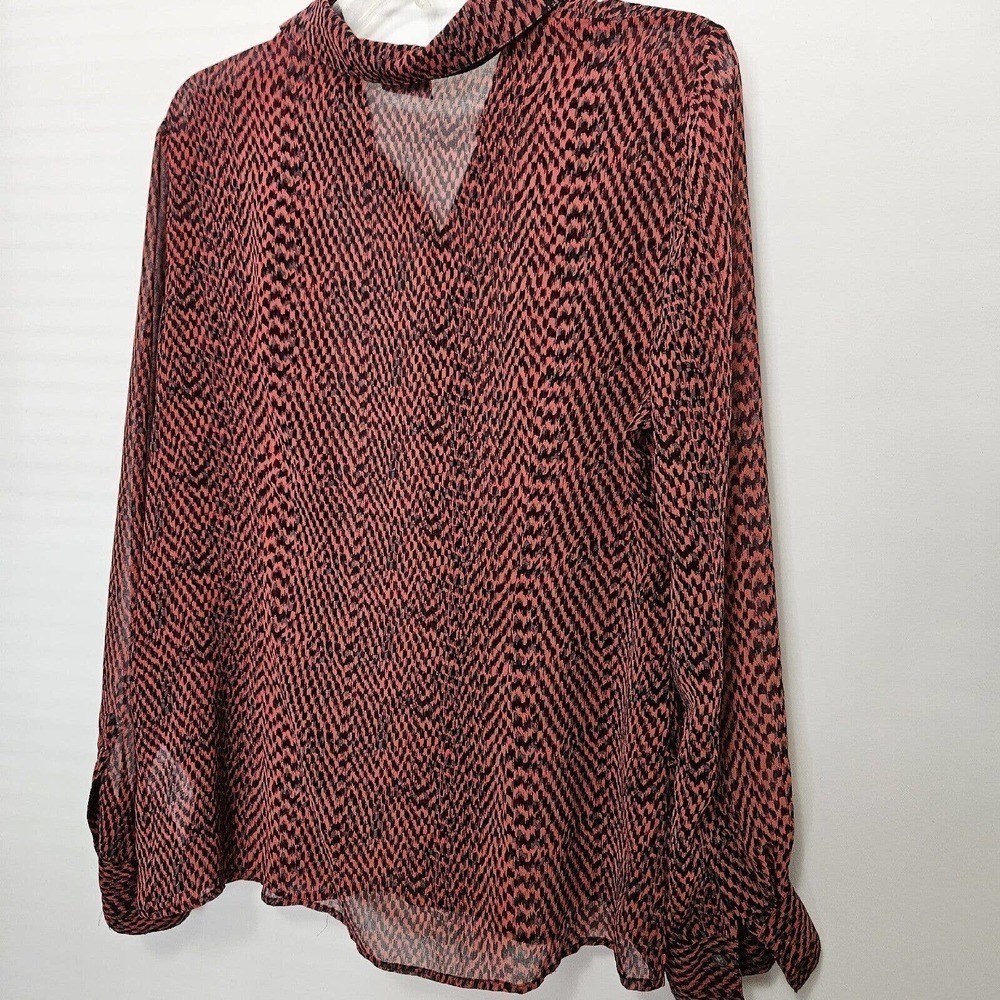 DKNY Blouse Top Womens *L* Black Gray Semi Sheer Draped Layered Tie Button Up